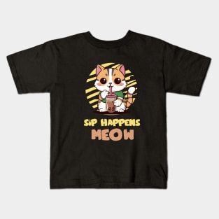 Sip Happens Meow Boba Cat Kids T-Shirt